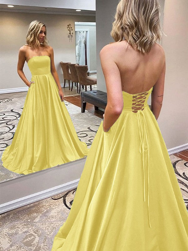 A-Line/Princess Satin Ruffles Strapless Sleeveless Sweep/Brush Train Prom Dress