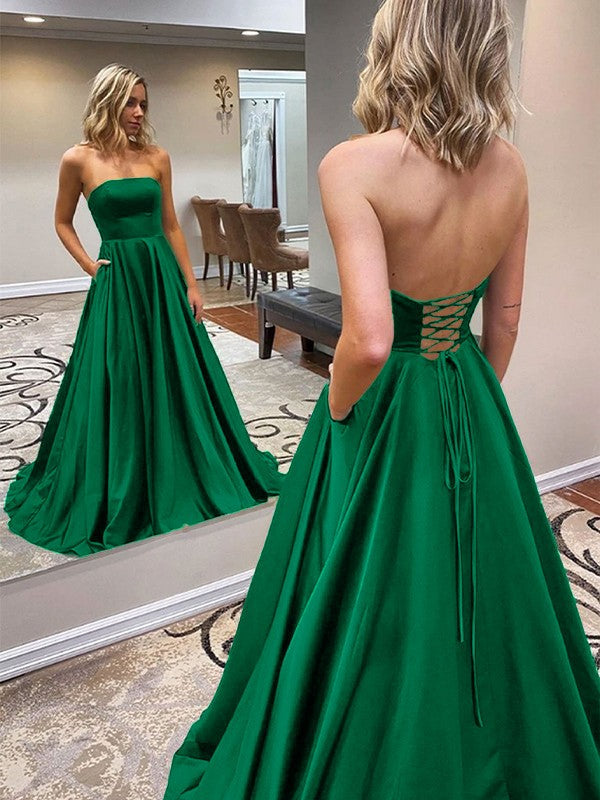 A-Line/Princess Satin Ruffles Strapless Sleeveless Sweep/Brush Train Prom Dress