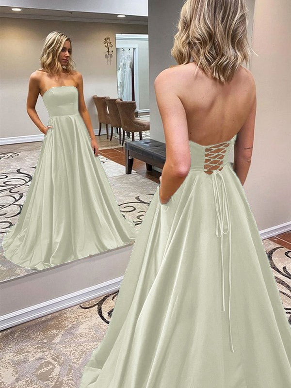 A-Line/Princess Satin Ruffles Strapless Sleeveless Sweep/Brush Train Prom Dress