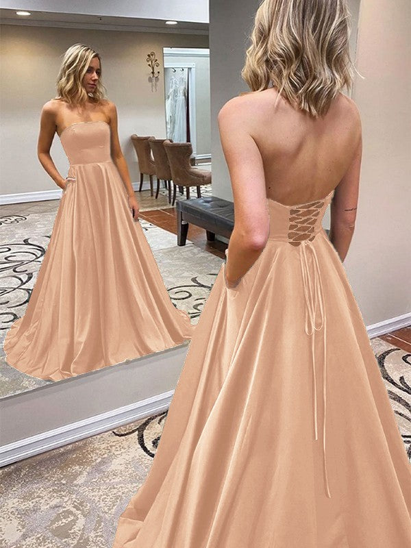 A-Line/Princess Satin Ruffles Strapless Sleeveless Sweep/Brush Train Prom Dress