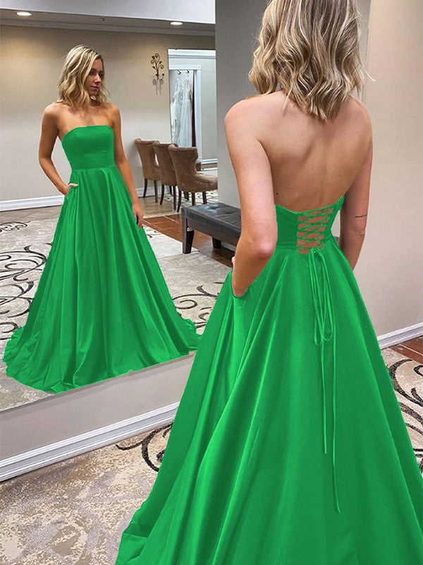 A-Line/Princess Satin Ruffles Strapless Sleeveless Sweep/Brush Train Prom Dress