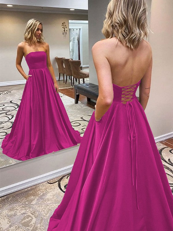 A-Line/Princess Satin Ruffles Strapless Sleeveless Sweep/Brush Train Prom Dress