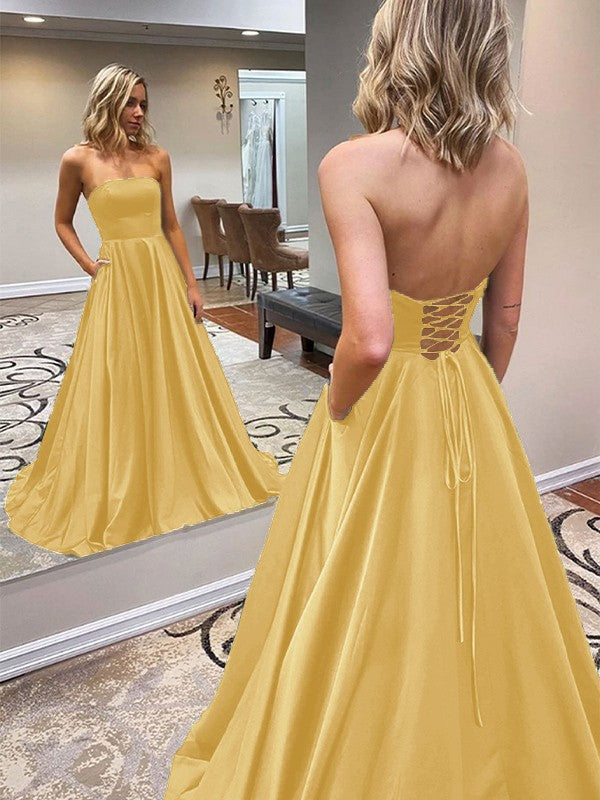 A-Line/Princess Satin Ruffles Strapless Sleeveless Sweep/Brush Train Prom Dress