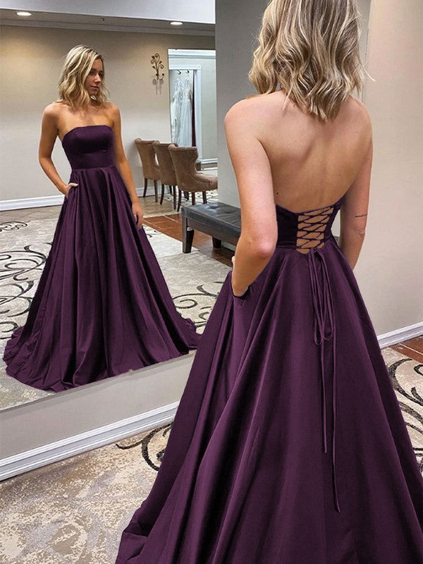 A-Line/Princess Satin Ruffles Strapless Sleeveless Sweep/Brush Train Prom Dress