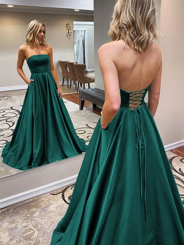 A-Line/Princess Satin Ruffles Strapless Sleeveless Sweep/Brush Train Prom Dress