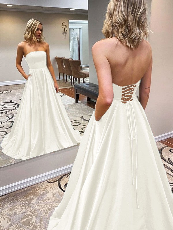 A-Line/Princess Satin Ruffles Strapless Sleeveless Sweep/Brush Train Prom Dress