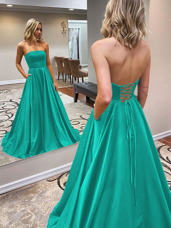 A-Line/Princess Satin Ruffles Strapless Sleeveless Sweep/Brush Train Prom Dress
