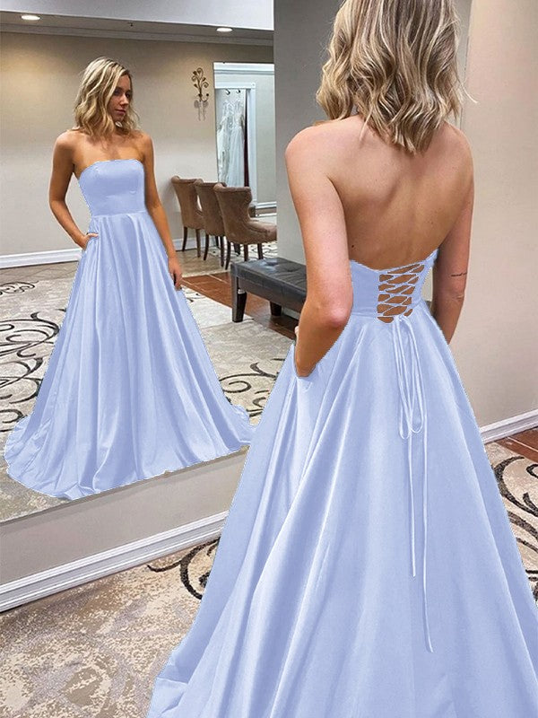 A-Line/Princess Satin Ruffles Strapless Sleeveless Sweep/Brush Train Prom Dress