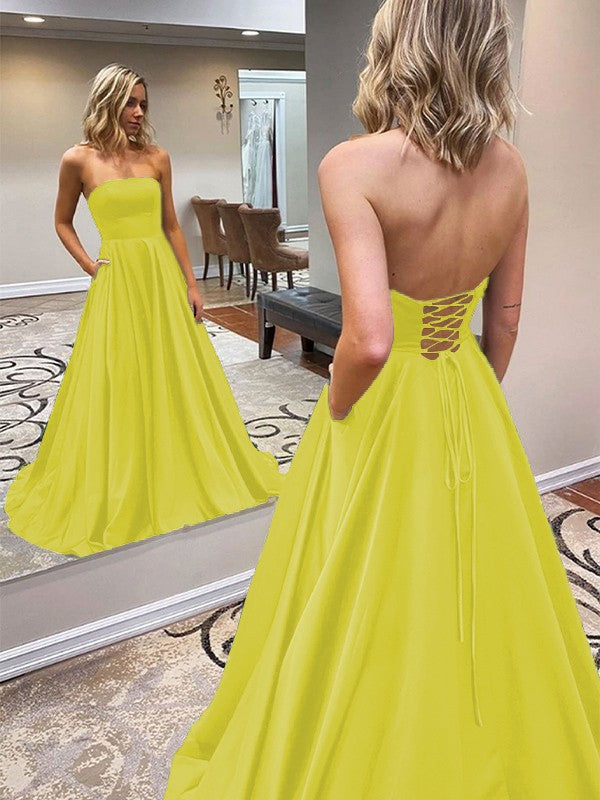 A-Line/Princess Satin Ruffles Strapless Sleeveless Sweep/Brush Train Prom Dress