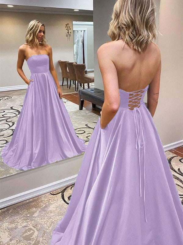 A-Line/Princess Satin Ruffles Strapless Sleeveless Sweep/Brush Train Prom Dress