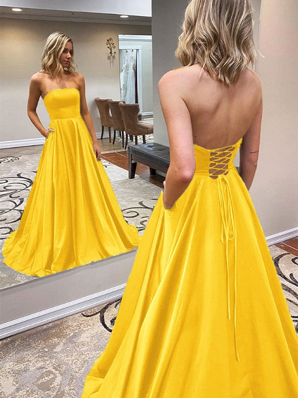 A-Line/Princess Satin Ruffles Strapless Sleeveless Sweep/Brush Train Prom Dress