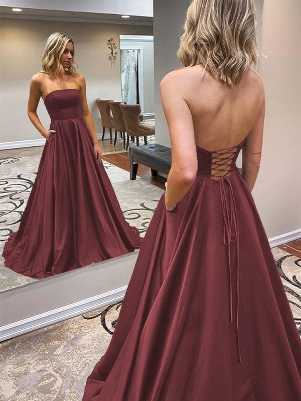 A-Line/Princess Satin Ruffles Strapless Sleeveless Sweep/Brush Train Prom Dress