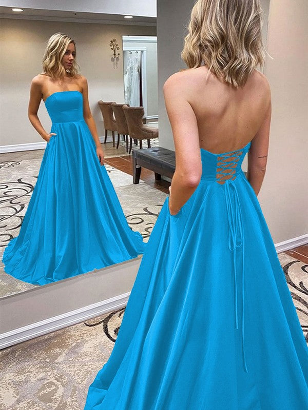 A-Line/Princess Satin Ruffles Strapless Sleeveless Sweep/Brush Train Prom Dress