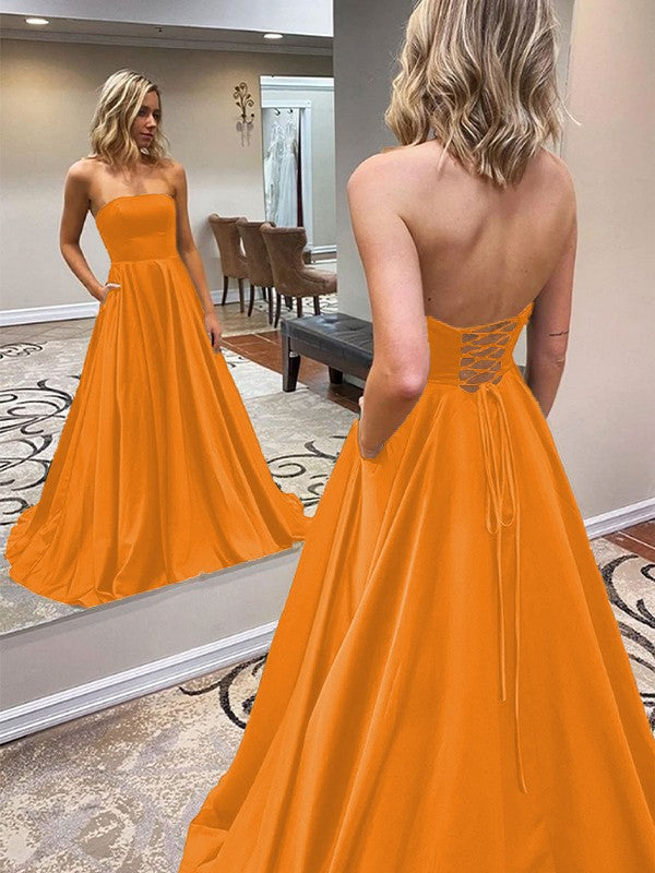A-Line/Princess Satin Ruffles Strapless Sleeveless Sweep/Brush Train Prom Dress