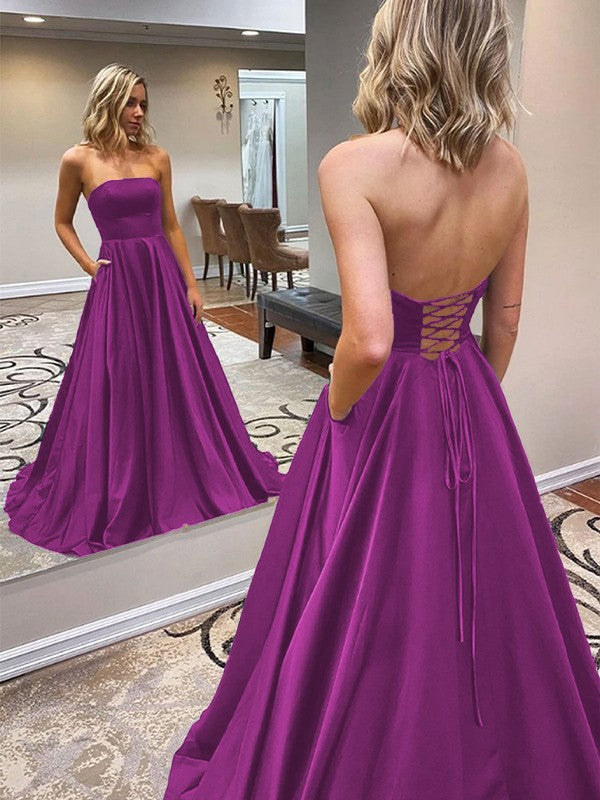 A-Line/Princess Satin Ruffles Strapless Sleeveless Sweep/Brush Train Prom Dress