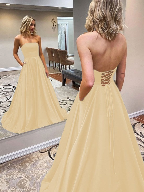 A-Line/Princess Satin Ruffles Strapless Sleeveless Sweep/Brush Train Prom Dress