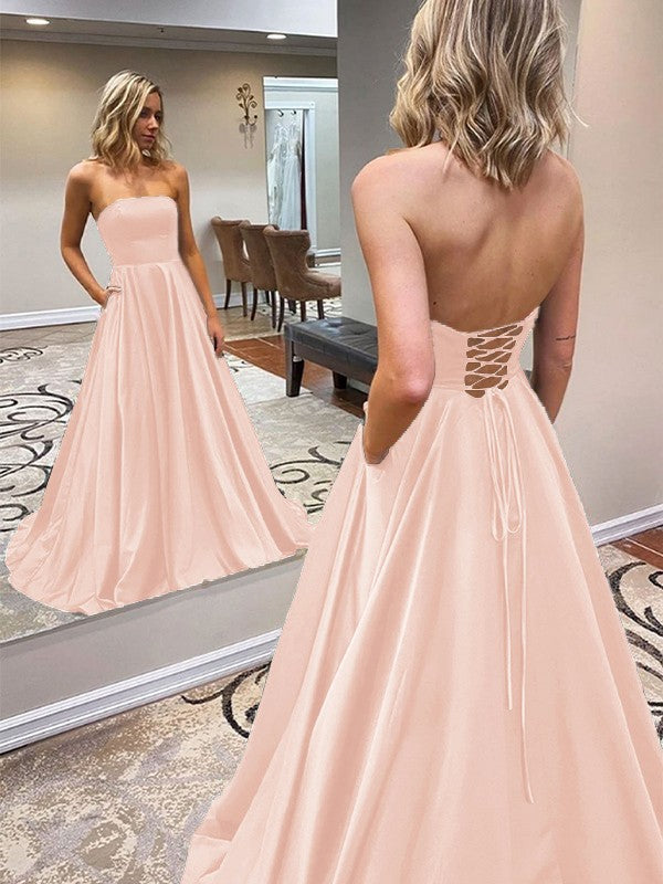 A-Line/Princess Satin Ruffles Strapless Sleeveless Sweep/Brush Train Prom Dress