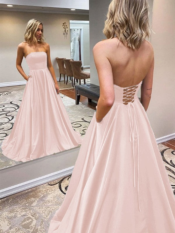 A-Line/Princess Satin Ruffles Strapless Sleeveless Sweep/Brush Train Prom Dress