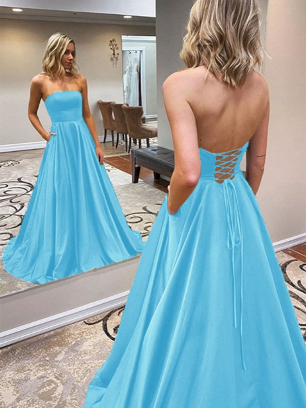 A-Line/Princess Satin Ruffles Strapless Sleeveless Sweep/Brush Train Prom Dress