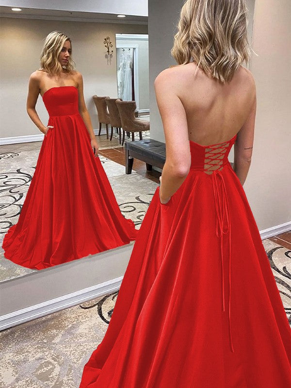 A-Line/Princess Satin Ruffles Strapless Sleeveless Sweep/Brush Train Prom Dress