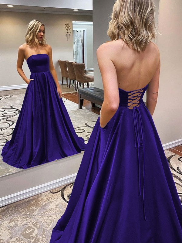 A-Line/Princess Satin Ruffles Strapless Sleeveless Sweep/Brush Train Prom Dress