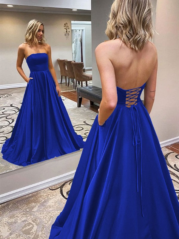 A-Line/Princess Satin Ruffles Strapless Sleeveless Sweep/Brush Train Prom Dress