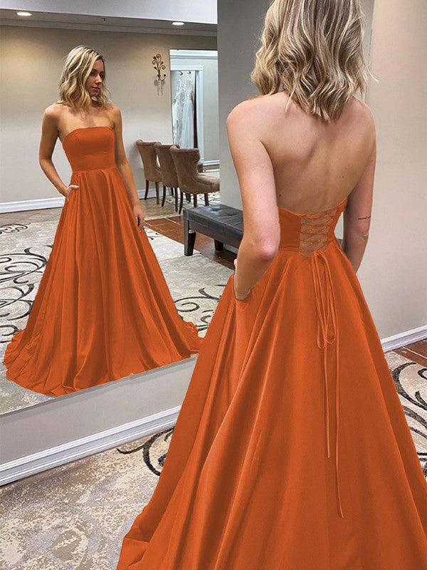 A-Line/Princess Satin Ruffles Strapless Sleeveless Sweep/Brush Train Prom Dress