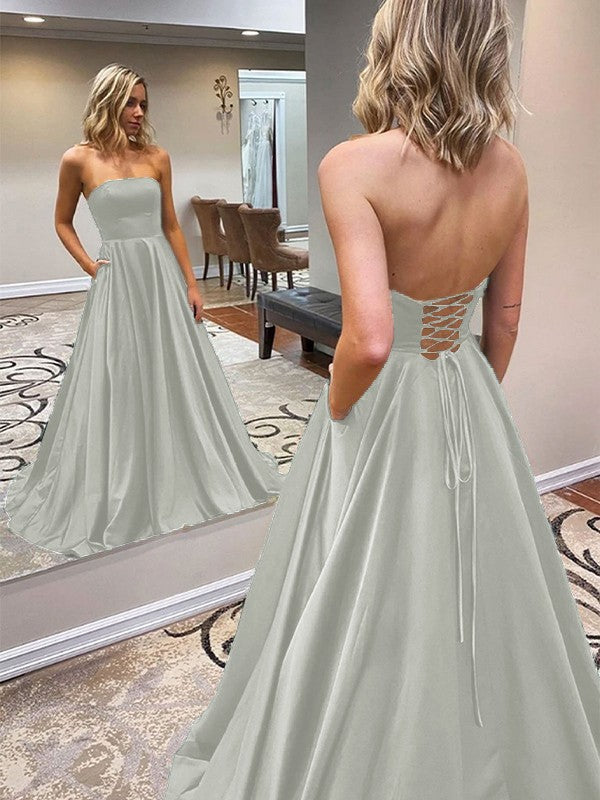 A-Line/Princess Satin Ruffles Strapless Sleeveless Sweep/Brush Train Prom Dress