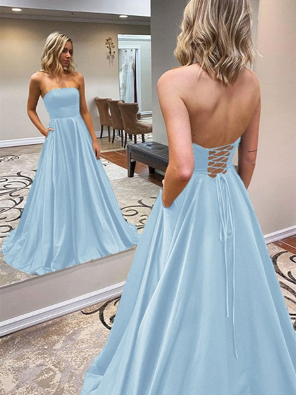 A-Line/Princess Satin Ruffles Strapless Sleeveless Sweep/Brush Train Prom Dress