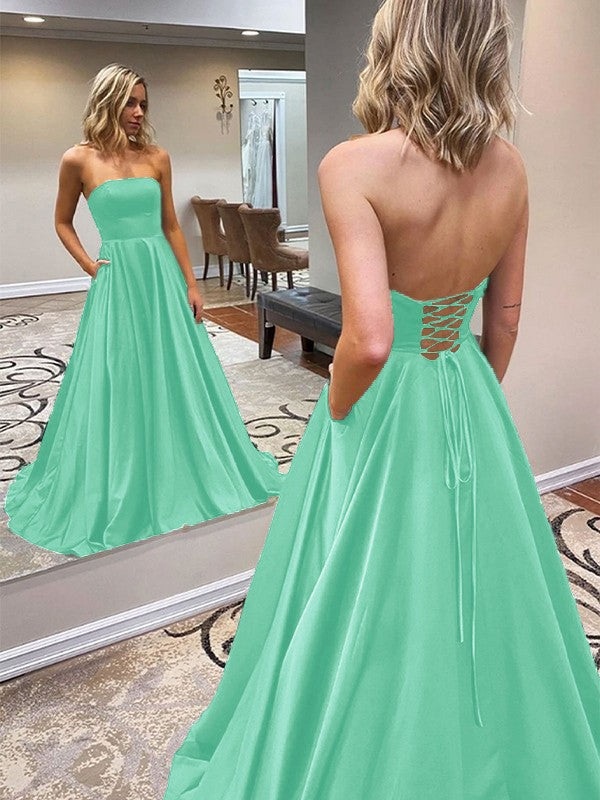 A-Line/Princess Satin Ruffles Strapless Sleeveless Sweep/Brush Train Prom Dress