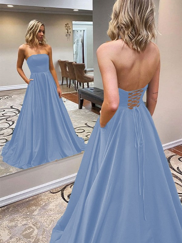 A-Line/Princess Satin Ruffles Strapless Sleeveless Sweep/Brush Train Prom Dress