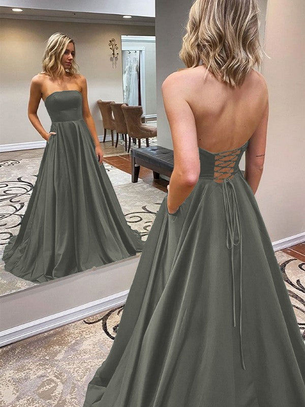 A-Line/Princess Satin Ruffles Strapless Sleeveless Sweep/Brush Train Prom Dress