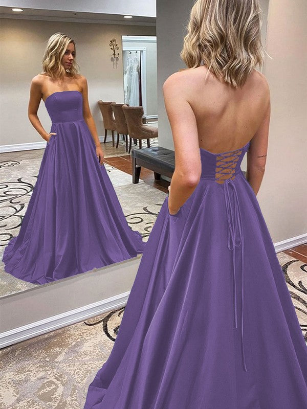 A-Line/Princess Satin Ruffles Strapless Sleeveless Sweep/Brush Train Prom Dress