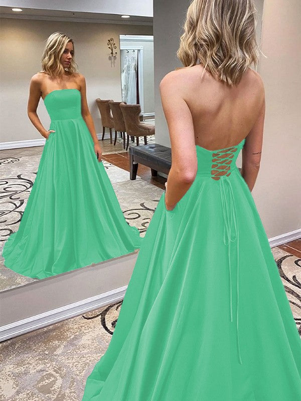 A-Line/Princess Satin Ruffles Strapless Sleeveless Sweep/Brush Train Prom Dress