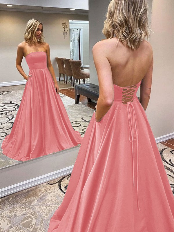 A-Line/Princess Satin Ruffles Strapless Sleeveless Sweep/Brush Train Prom Dress
