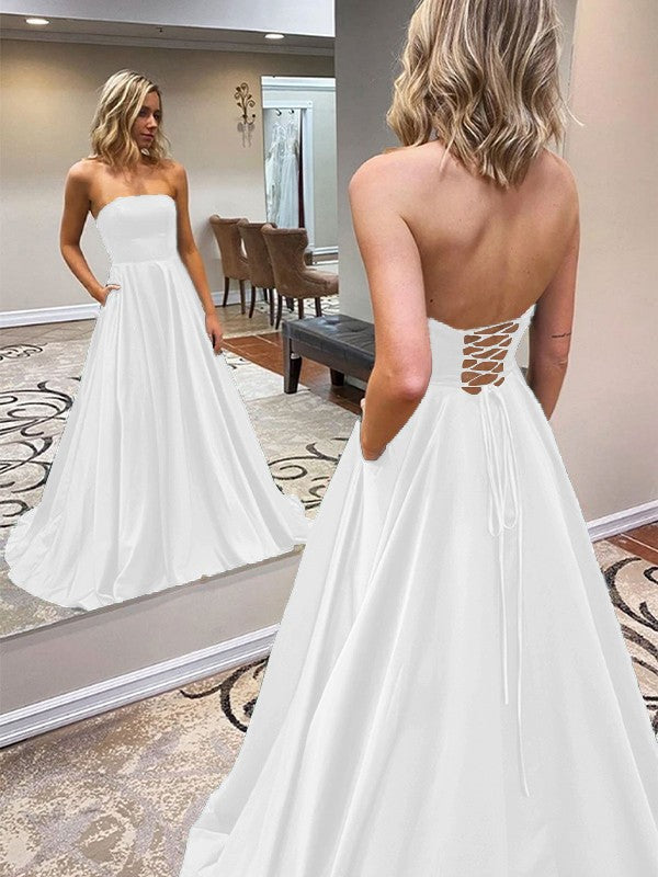 A-Line/Princess Satin Ruffles Strapless Sleeveless Sweep/Brush Train Prom Dress