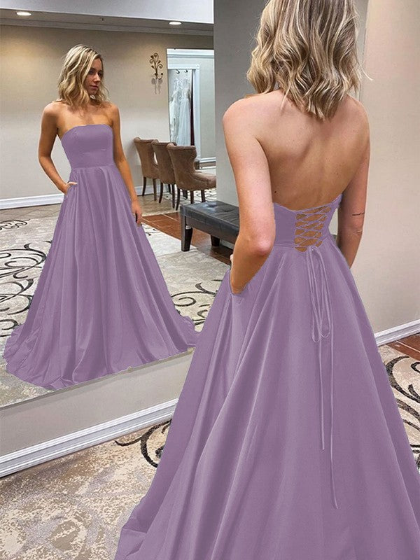 A-Line/Princess Satin Ruffles Strapless Sleeveless Sweep/Brush Train Prom Dress