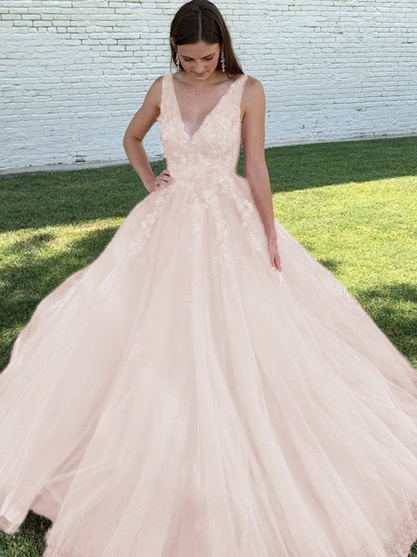 A-Line/Princess Tulle Applique V-neck Sleeveless Sweep/Brush Train Prom Dress