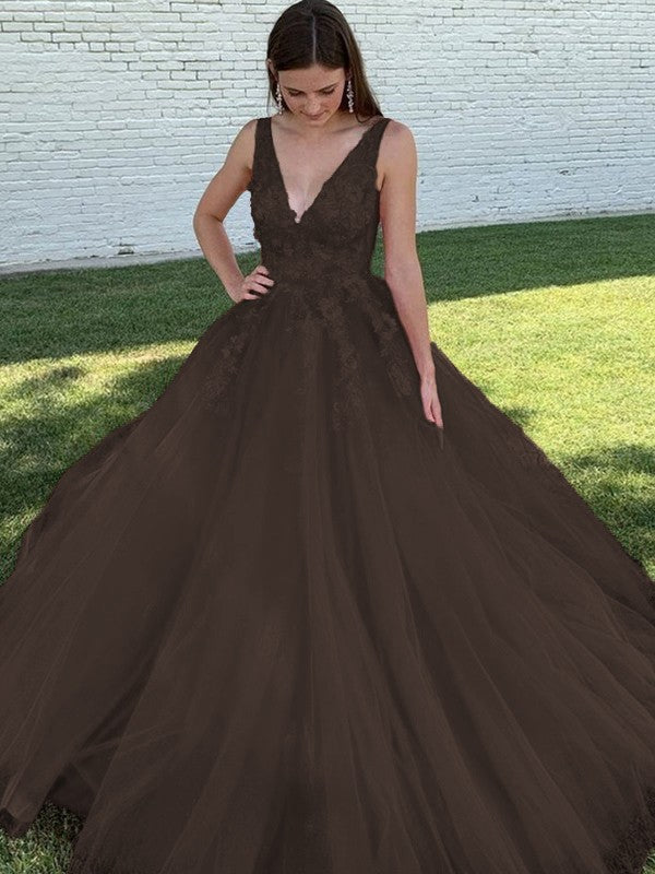 A-Line/Princess Tulle Applique V-neck Sleeveless Sweep/Brush Train Prom Dress