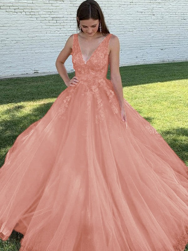 A-Line/Princess Tulle Applique V-neck Sleeveless Sweep/Brush Train Prom Dress