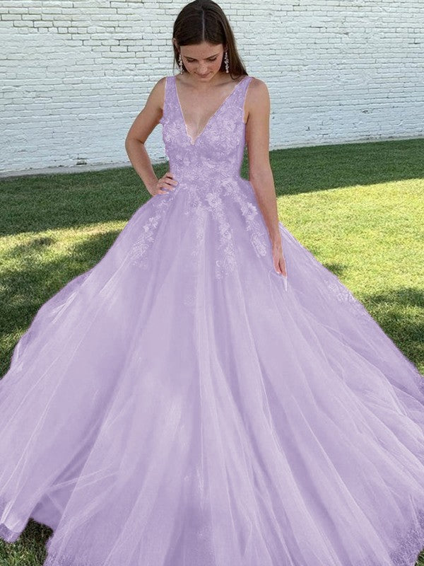 A-Line/Princess Tulle Applique V-neck Sleeveless Sweep/Brush Train Prom Dress