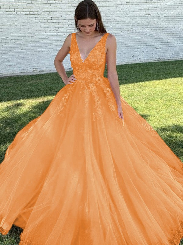 A-Line/Princess Tulle Applique V-neck Sleeveless Sweep/Brush Train Prom Dress
