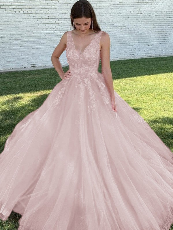 A-Line/Princess Tulle Applique V-neck Sleeveless Sweep/Brush Train Prom Dress