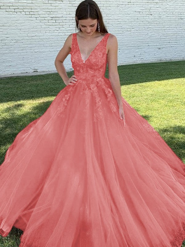 A-Line/Princess Tulle Applique V-neck Sleeveless Sweep/Brush Train Prom Dress
