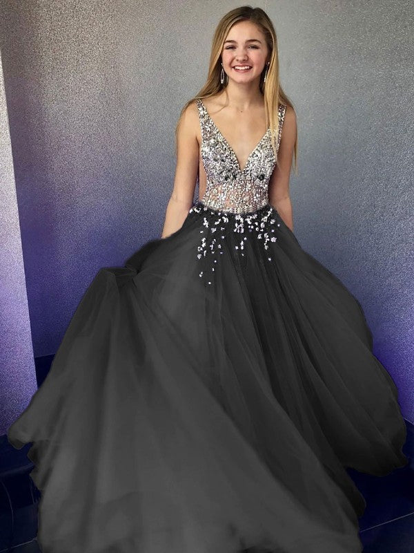 A-Line/Princess Tulle Beading V-neck Sleeveless Floor-Length Prom Dress
