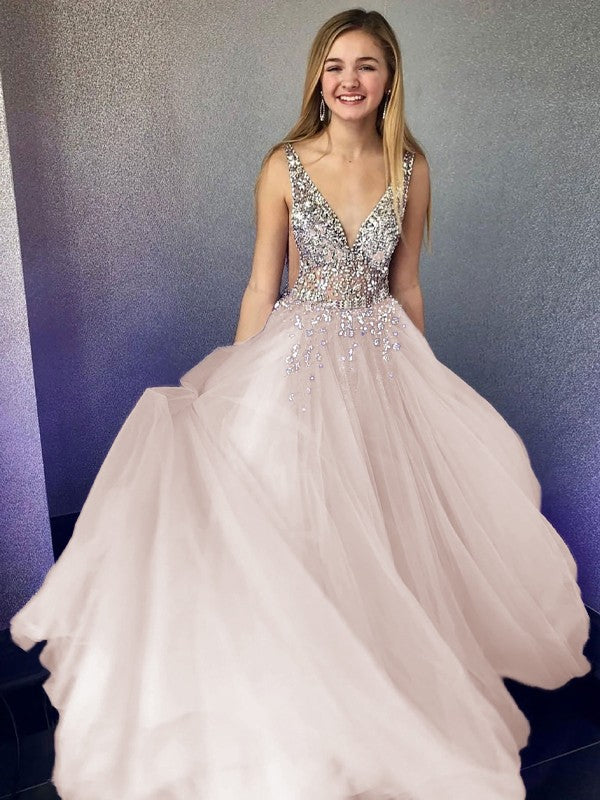 A-Line/Princess Tulle Beading V-neck Sleeveless Floor-Length Prom Dress