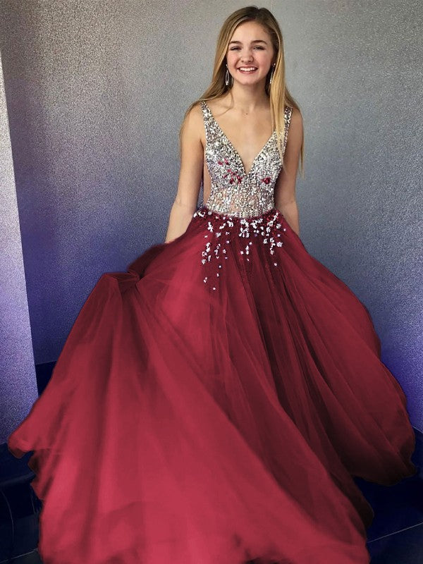 A-Line/Princess Tulle Beading V-neck Sleeveless Floor-Length Prom Dress