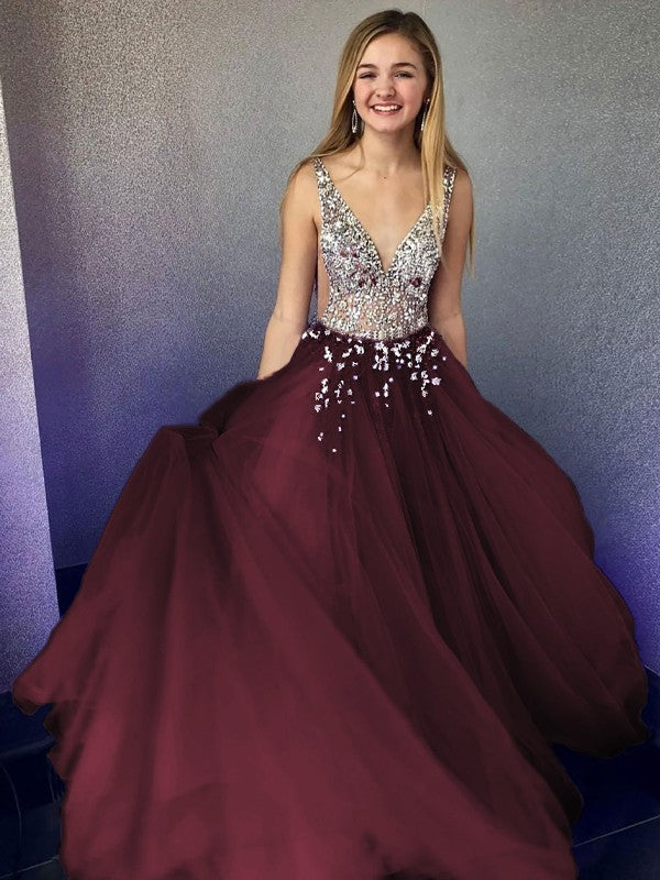 A-Line/Princess Tulle Beading V-neck Sleeveless Floor-Length Prom Dress
