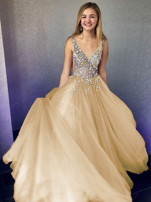 A-Line/Princess Tulle Beading V-neck Sleeveless Floor-Length Prom Dress