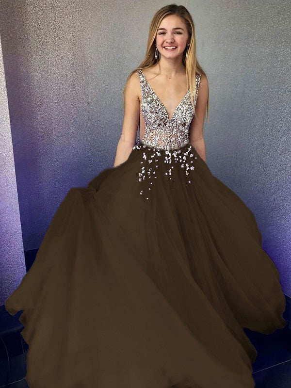A-Line/Princess Tulle Beading V-neck Sleeveless Floor-Length Prom Dress